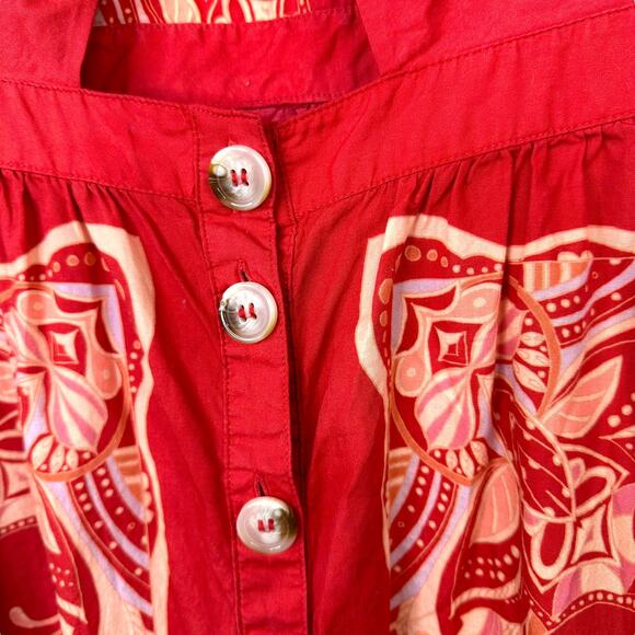 Free People Linvilla Red Bandana Button Knot Tie Front Midi Cap Sleeve Dress - Picture 5 of 9